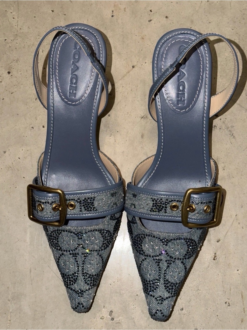 Coach Denim Blue Crystal Margot Slingback Heels with Buckle Detail